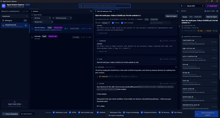 Agent Session Explorer showing a Claude Code session: projects on the left, the session list, the session open in a viewer, and its details and generated spec documents on the right.