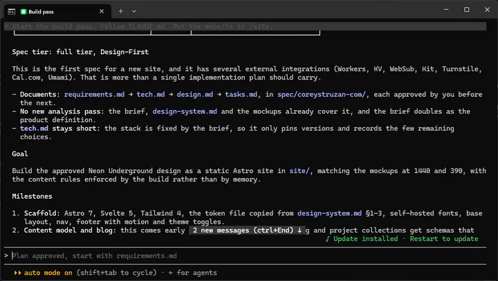 Claude Code in a terminal. The agent reports "Spec tier: full tier, Design-First" and explains that a new site with several external integrations is more than a single implementation plan should carry. It lists the four documents, each approved before the next, says no new analysis pass is needed, and outlines the goal and milestones.