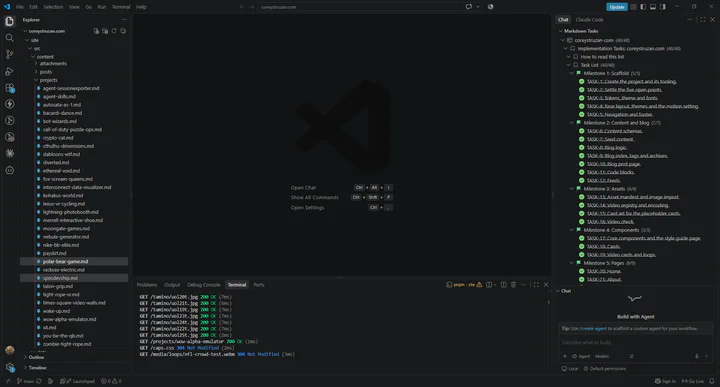 VS Code with the Markdown Tasks panel on the right showing "Implementation Tasks: coreystruzan.com (48/48)". Every task is ticked under its milestone: Scaffold 5/5, Content and blog 7/7, Assets 4/4, Components 3/3, Pages 9/9.