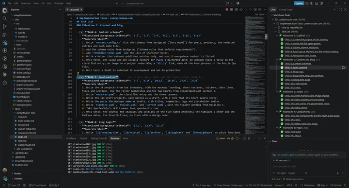 VS Code with tasks.md open beside the Markdown Tasks panel. TASK-6 and TASK-7 each list their associated acceptance criteria by number, then numbered concrete steps that end in unit tests.