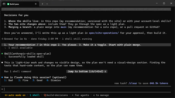 Claude Code listing "Decisions for you": where the skills live, whether to include two site changes, and whether a branch merges straight into main or through a pull request. After my answers it loads the spec-plan skill and notes that this is light-tier work.
