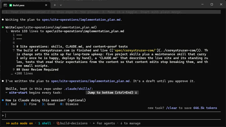 Claude Code writing a 133-line plan to spec/site-operations/implementation_plan.md, then noting that it's a draft until I approve it.