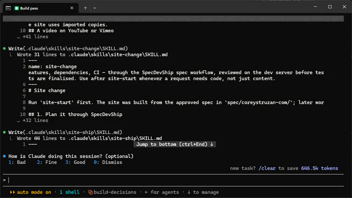 Claude Code writing the SKILL.md files for site-change and site-ship. The site-change skill's first step reads "Plan it through SpecDevShip".