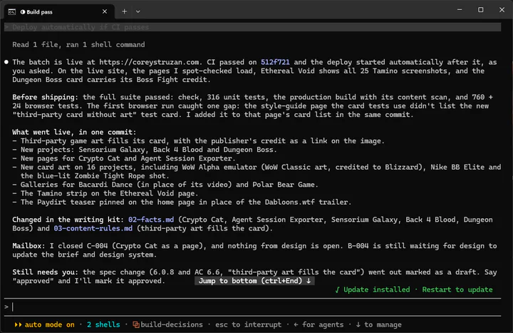 Claude Code reporting that a batch is live at coreystruzan.com: CI passed and the deploy started automatically. Before shipping, the full suite passed with 316 unit tests and 760 + 24 browser tests, and the first browser run caught one gap that was fixed in the same commit. It lists what went live, the mailbox status, and a spec change that went out as a draft and still needs my approval.