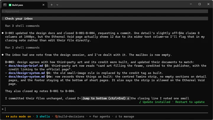 Claude Code after I told it to check its inbox. It finds the designer's note, notices that the design system claims 8 columns where the Ethereal Void page shows 12, and says it will flag that in its closing note rather than edit the designer's file directly.