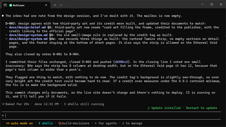 The builder's summary. It committed the designer's files unchanged, closed the note and pushed, and recorded the 8 versus 12 column inaccuracy in its closing line. It also passes on the designer's note about the credit tag's contrast, and says the commit changes only documents, so there's nothing to deploy.