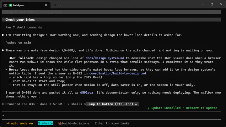 Claude Code after "Check your inbox". It commits the designer's 360° wording as written, answers the hover-loop question in the coordination file, marks note D-008 done and pushes. It's documentation only, so nothing needs deploying, and the mailbox shows nothing open.